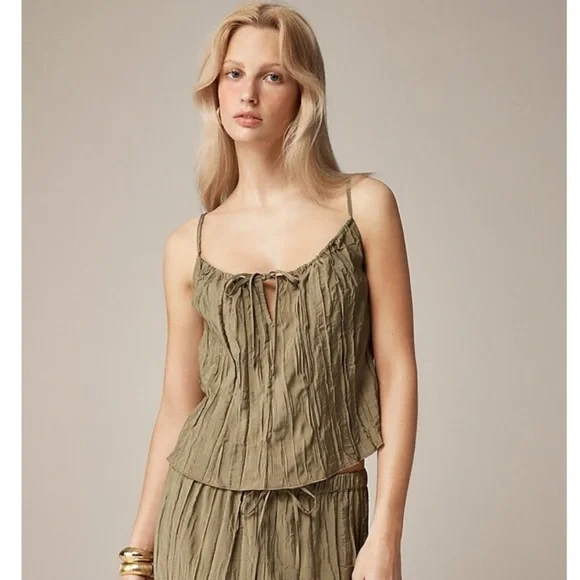 J. Crew Crinkle Keyhole Cami Spaghetti Strap Tank Top Olive Green Large - Picture 1 of 8